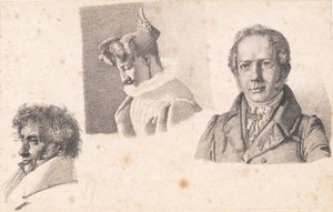 Blatt mit drei Porträts: Bäckermeister Købke, Sophie Krohn und N. Feilberg