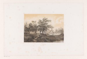 Landschaft mit Bäumen und Wassermühle