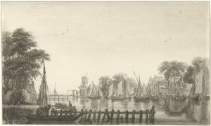 Flusslandschaft mit Segelschiffen