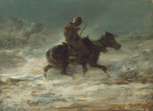 Mann mit Lanze reitet durch den Schnee, ca. 1880 von Christian Adolf Schreyer
