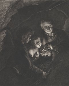 Nachtszene in einer Höhle mit einer alten Frau, die glühende Kohlen in einem Topf hält, ein Junge bläst..., ca. 1750-57 von Christian Friedrich Boëtius