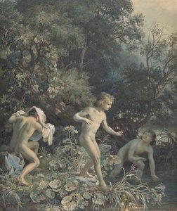 Flussufer mit drei badenden Jungen, 19. Jahrhundert von Christian Friedrich Gille