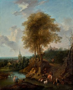 Landschaft mit drei Bäumen und Kirche von Christian Hilfgott Brand