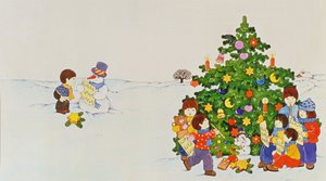 Weihnachtssänger vor einem Weihnachtsbaum