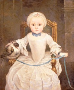 Ein junges Mädchen, sitzend, dreiviertellang, trägt ein elfenbeinfarbenes Kleid und eine Haube mit einer Taube