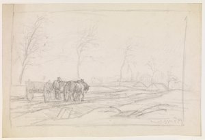 Landschaft mit blattlosen Bäumen und einem Arbeitswagen von Christian Mourier Petersen