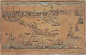 Ansicht eines Teils der Stadt Boston in Neuengland und britische Kriegsschiffe, die ihre Truppen landen!