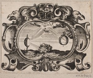 Emblem mit Sonne, die durch einen Ring und eine Brennlinse strahlt, sodass ein Feuer entfacht wird von Christian Rothgiesser