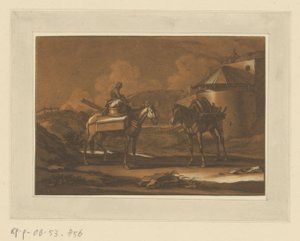 Zwei beladene Pferde außerhalb der Stadtmauer, auf einem sitzt ein Kind (Reiter, Pferde und Schlachten) von Christian Rugendas