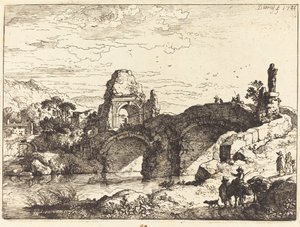Landschaft mit einer Brücke und einem Ruinenturm
