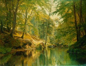 Eine bewaldete Flusslandschaft mit Figuren in einem Boot, 1893 von Christian Zacho