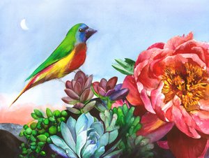 Lebhafter Vogel im Pfingstrosengarten von Christine Lindstrom