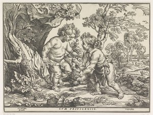 Christuskind und Johannes der Täufer spielen mit dem Lamm