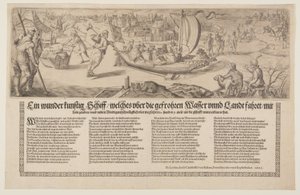 Flugblatt mit einem Lastkahn, der auf Eis segelt