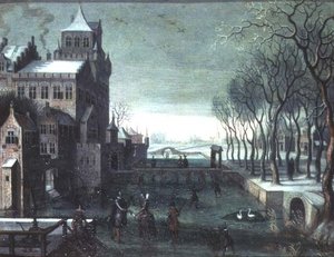 Eine Winterlandschaft mit Figuren, die bei einer Burg auf einem Wassergraben Schlittschuh laufen von Christoffel van den (circle of) Berghe