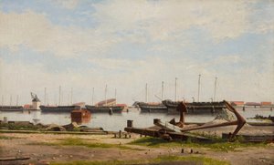 Parti af Nyholm med kranen og nogle krigsskibe von Christoffer Wilhelm Eckersberg