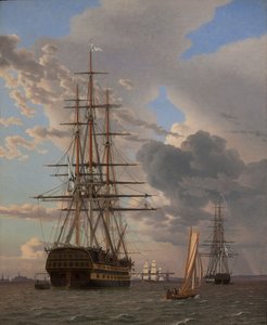 Das russische Linienschiff "Asow" und eine Fregatte vor Anker in den Gewässern von Elsinore