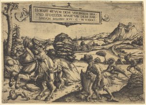 Allegorie von "Hochmut kommt vor dem Fall...": Ein Herr und eine Dame zu Pferd