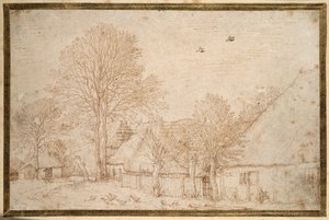 Reetgedeckte Gebäude, fast kahle Bäume und eine Gänseschar von Kosma Sergejewitsch Petrow Wodkin