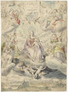 Maria und Kind auf den Wolken, umgeben von Engeln und Cherubinen