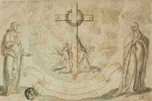 Jungfrau Maria und St. Johannes der Evangelist, die eine Vision des Kreuzes betrachten, gehalten von zwei Engeln