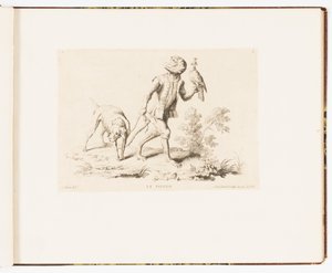Tafel 5, Le Faucon (Der Falke), Singeries ou différentes actions de la vie humaine représentées par des singes (Affenszenen oder verschiedene Handlungen des menschlichen Lebens dargestellt von Affen) von Christophe Huet