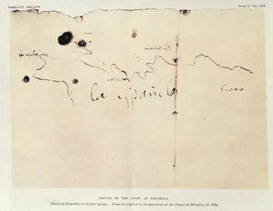Skizze der Küste von Espanola, gezeichnet von Kolumbus auf der ersten Reise, aus dem Original im Besitz des Duque de Berwick y de Alba, 1492