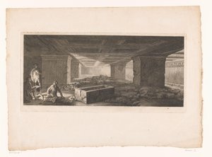 Etruskisches Grab in Tarquinia mit einem Zeichner, der von einer Fackel beleuchtet wird