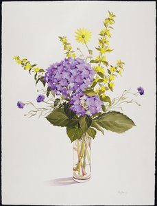 Blaue Hortensie mit gelbem Gilbweiderich