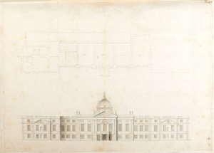 Hampton Court Palace, Teilplan und Skizzenansicht für eine Eingangsfassade, wahrscheinlich für das 2. Schema, nummeriert 5 & 6 von Christopher Wren