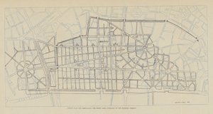 Sir Christopher Wrens Plan zum Wiederaufbau des verbrannten Gebiets überlagert auf den bestehenden Straßen von Christopher Wren