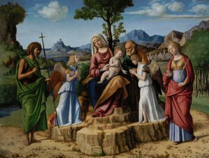 Ruhe auf der Flucht nach Ägypten mit Johannes dem Täufer von Cima da Conegliano