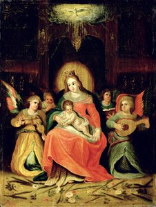 Die Jungfrau Maria mit Kind und musizierenden Engeln