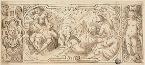 Entwurf für dekoratives Fries mit Joseph, der seinen Brüdern seinen Traum deutet von Circle of Giovanni Battista Castello