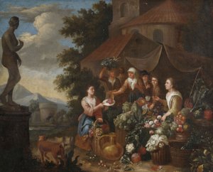Verkauf von Gemüse und Blumen an einem italienischen Marktstand von Circle of Norbert van Bloemen