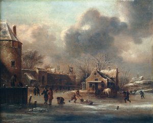 Eislaufszene: Figuren auf dem Eis nahe den Stadtmauern von Claes (1630 76) Molenaer