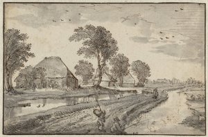 Straße zwischen Wasserläufen in einer Polderlandschaft von Claes Jansz. Visscher (II)