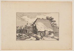 Ein Bauernhof, Mann mit zwei Eimern auf dem Weg vorne, aus Landschaften von Claes Jansz. Visscher