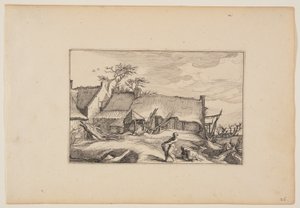 Ein Bauernhaus, Mann mit einem Korb im Vordergrund, aus Landschaften von Claes Jansz. Visscher