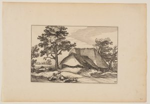 Scheunen, Ruhende Herde und Hund im Vordergrund, aus Landschaften (Verscheyden aerdige Lanthuysen...) von Claes Jansz. Visscher