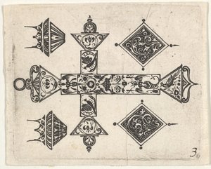 Schwarzarbeit-Druck mit einem lateinischen Kreuz und vier Motiven, ca. 1620 von Claes Jansz Visscher
