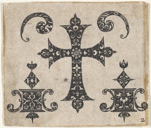 Schwarzarbeit-Druck mit einem lateinischen Kreuz und kleinen Motiven von Claes Jansz Visscher