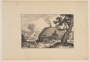 Bauernhöfe, Fahrgestell eines Wagens in der Mitte, aus Landschaften von Claes Jansz. Visscher
