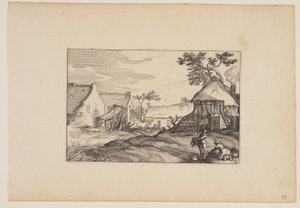 Bauernhof, junger Mann und Frau im Vordergrund, aus Landschaften (Verscheyden aerdige Lanthuysen...) von Claes Jansz. Visscher