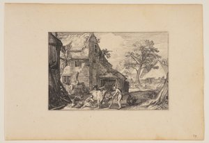 Bauernhof, mit dem verlorenen Sohn unter den Schweinen, aus Landschaften von Claes Jansz. Visscher