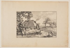 Alter Mann und Frau ruhen an einem Teich, aus Landschaften (Verscheyden aerdige Lanthuysen...) von Claes Jansz. Visscher