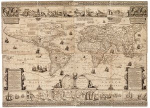 Das Blatt ist eine Komposition aus acht Abschnitten und einer Gravur, auf Karton geklebt. Maßstab: circa 1:35.000.000. von Claes Jansz Visscher