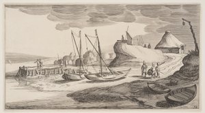 Boote an Land in der Nähe eines Wachturms, aus Landschaften (Playsante Lantschappen)