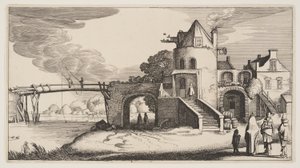 Brücke mit einem Mauthaus, aus Landschaften (Playsante Lantschappen) von Claes Jansz. Visscher II