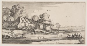 Entenjagd von einem Ruderboot in der Nähe eines Bauernhofs, aus Landschaften (Playsante Lantschappen) von Claes Jansz. Visscher II